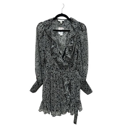 Floral Print Black Long Sleeve Mini Dress With Ruffle Detail & V-Neckline US 6