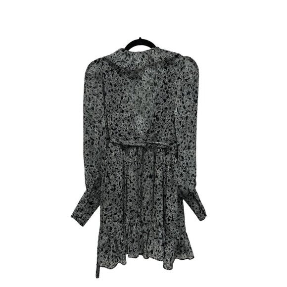 Floral Print Black Long Sleeve Mini Dress With Ruffle Detail & V-Neckline US 6