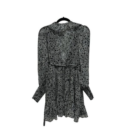 Floral Print Black Long Sleeve Mini Dress With Ruffle Detail & V-Neckline US 6
