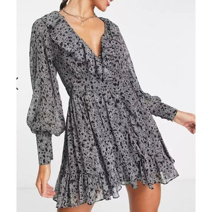 Floral Print Black Long Sleeve Mini Dress With Ruffle Detail & V-Neckline US 6