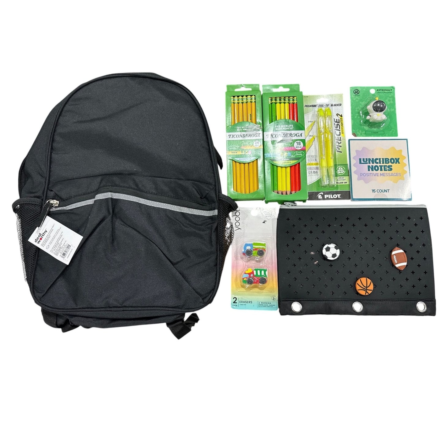 Set of 8 Back To School Essentials Set With Backpack, Ticonderoga Pencils, Highlighters, Erasers, Pencil Pouch & Sharpeners