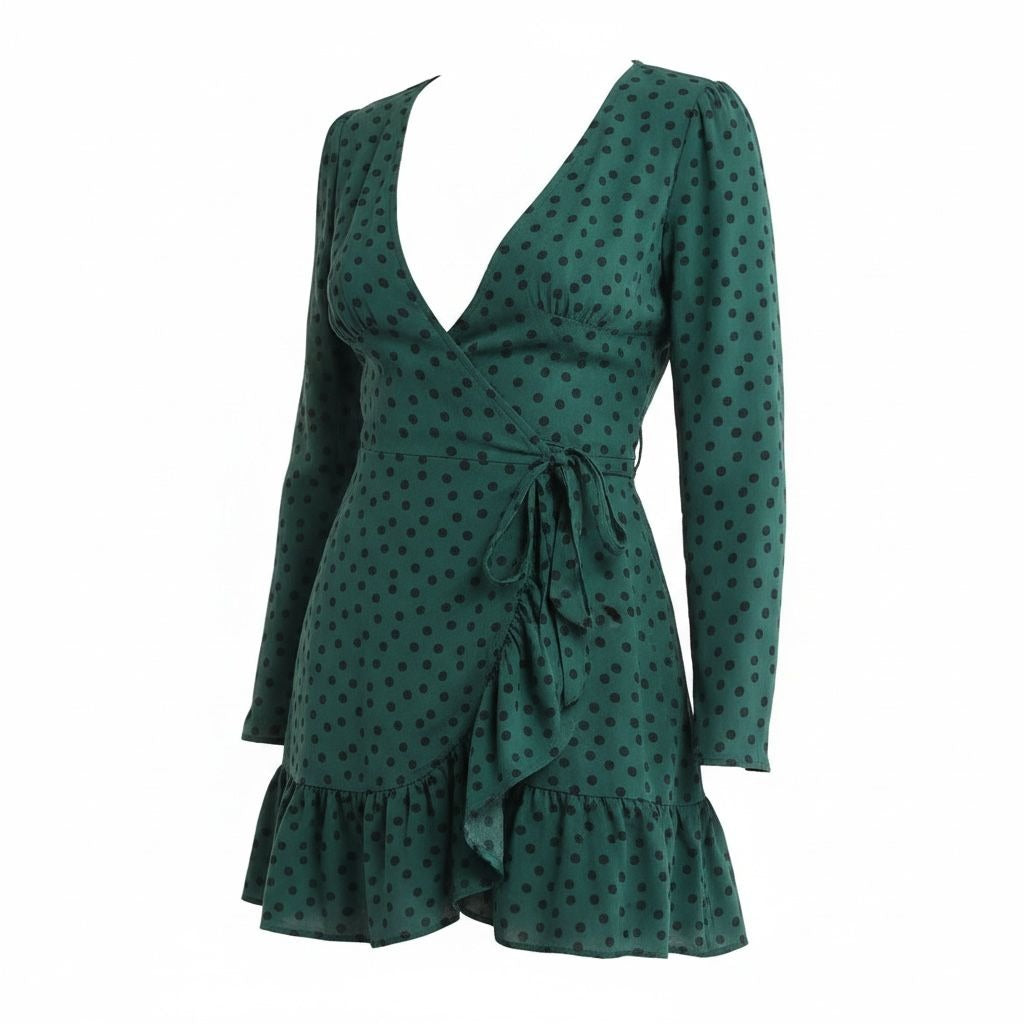 ASOS Design Green Polka Dot Wrap Mini Dress With Ruffle Hem & Long Sleeves US 2