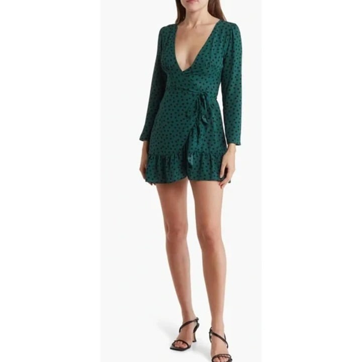 ASOS Design Green Polka Dot Wrap Mini Dress With Ruffle Hem & Long Sleeves US 2