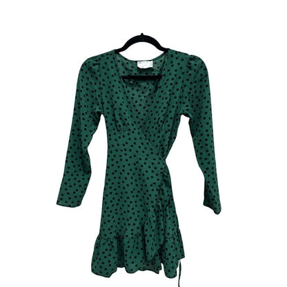 ASOS Design Green Polka Dot Wrap Mini Dress With Ruffle Hem & Long Sleeves US 2
