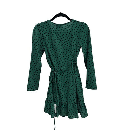 ASOS Design Green Polka Dot Wrap Mini Dress With Ruffle Hem & Long Sleeves US 2