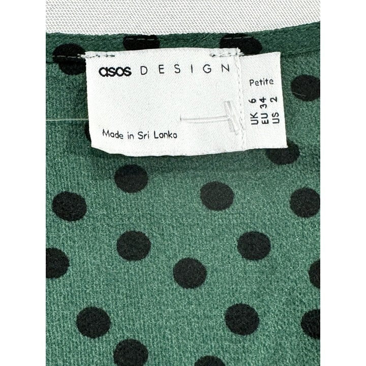 ASOS Design Green Polka Dot Wrap Mini Dress With Ruffle Hem & Long Sleeves US 2