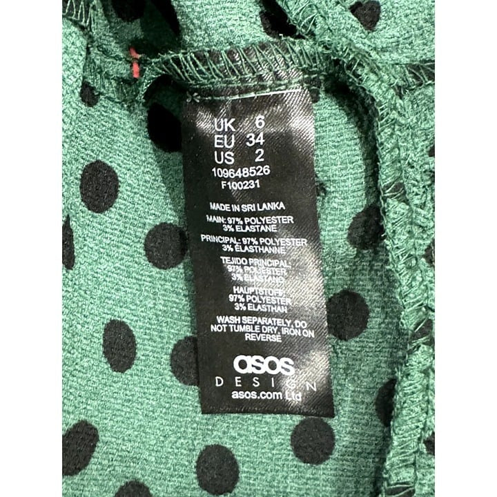 ASOS Design Green Polka Dot Wrap Mini Dress With Ruffle Hem & Long Sleeves US 2