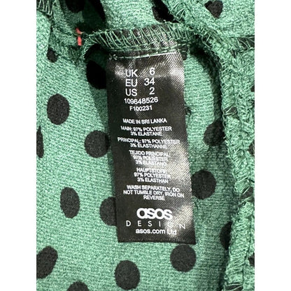 ASOS Design Green Polka Dot Wrap Mini Dress With Ruffle Hem & Long Sleeves US 2