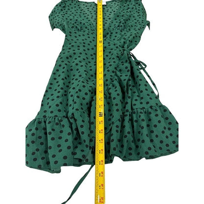 ASOS Design Green Polka Dot Wrap Mini Dress With Ruffle Hem & Long Sleeves US 2