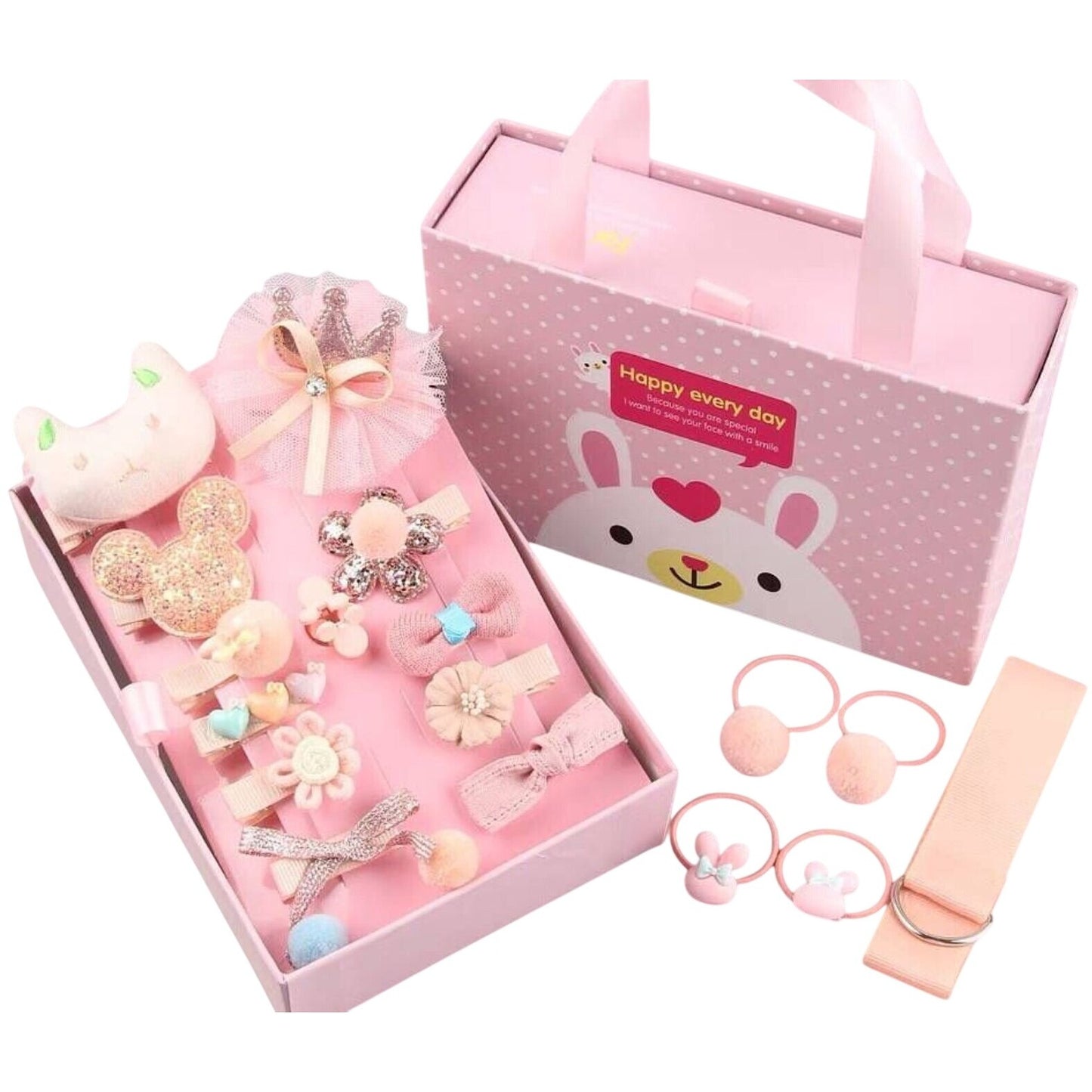 18-Piece Girls Hair Accessories Gift Set With Clips, Baby Korean Princess Bows & Bands In Snow White Pink Box