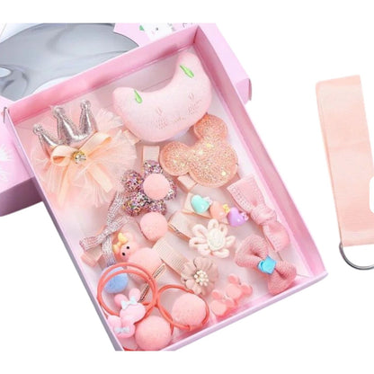 18-Piece Girls Hair Accessories Gift Set With Clips, Baby Korean Princess Bows & Bands In Snow White Pink Box