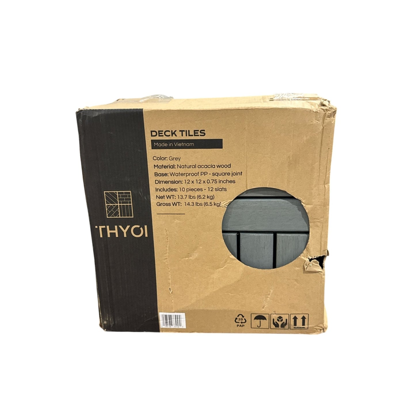 Thyoi Deck Tiles 12"x12" Natural Acacia Wood Waterproof PP Base Grey 10 Pieces Square Joint
