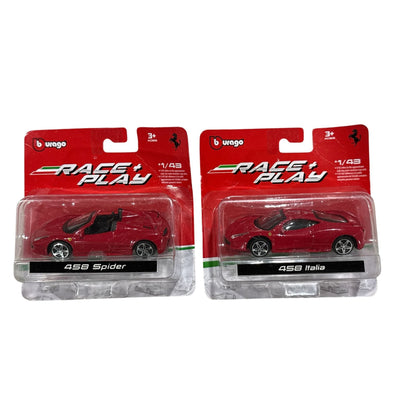 Bburago Ferrari 458 Spider & Italia Diecast Model Cars 1/43 Scale Red Race & Play Official Licensed