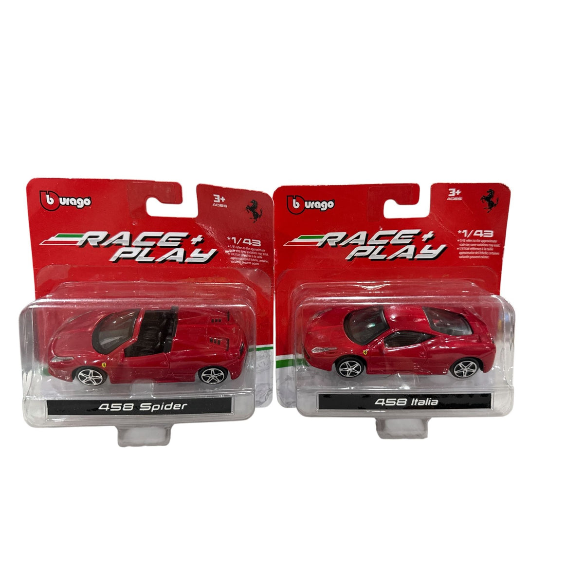 Bburago Ferrari 458 Spider & Italia Diecast Model Cars 1/43 Scale Red Race & Play Official Licensed