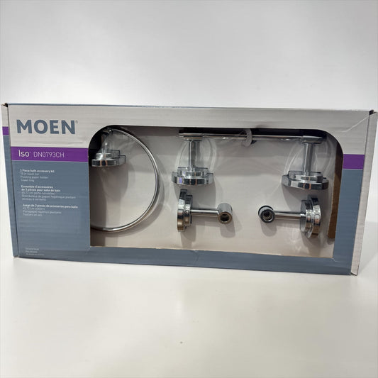 Moen Iso DN0793CH 3-Piece Bath Accessory Kit With Towel Bar, Towel Ring & Pivoting Paper Holder, Chrome Finish