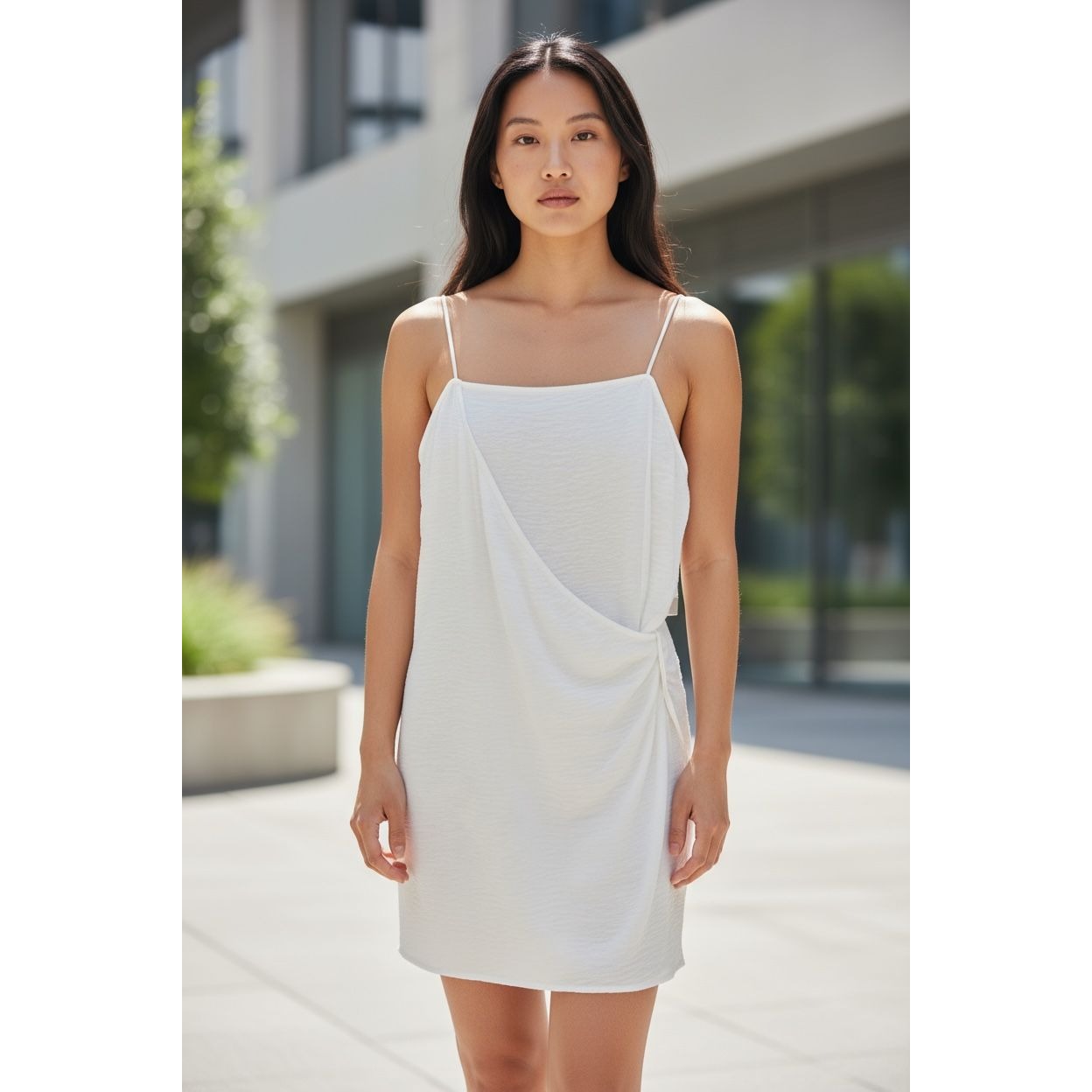 BP. White Sleeveless Draped Mini Dress With Adjustable Spaghetti Straps - Size M