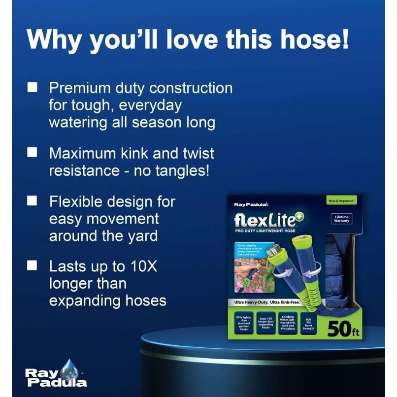 Ray Padula FlexLite+ Pro Duty Lightweight Hose 50 Ft BPA-Free Lead-Free 600 PSI Burst Strength