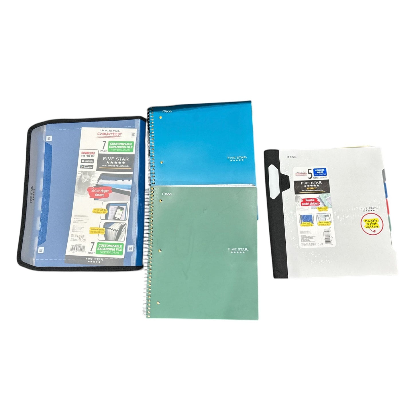 Five Star 1 Subject Graph Notebooks, Advance 5 Subject College Ruled Notebook, & 7-Pocket Zipper Customizable Expanding File