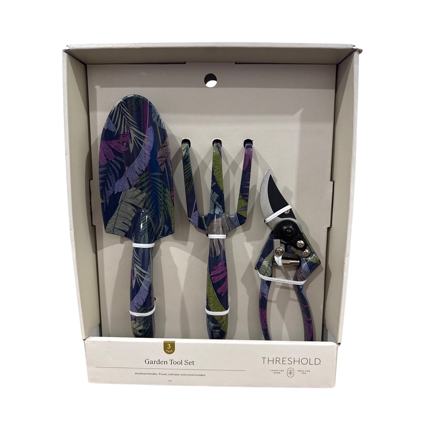 Threshold 3-Piece Garden Tool Set With Pruner Cultivator & Trowel - Palm Leaf Pattern