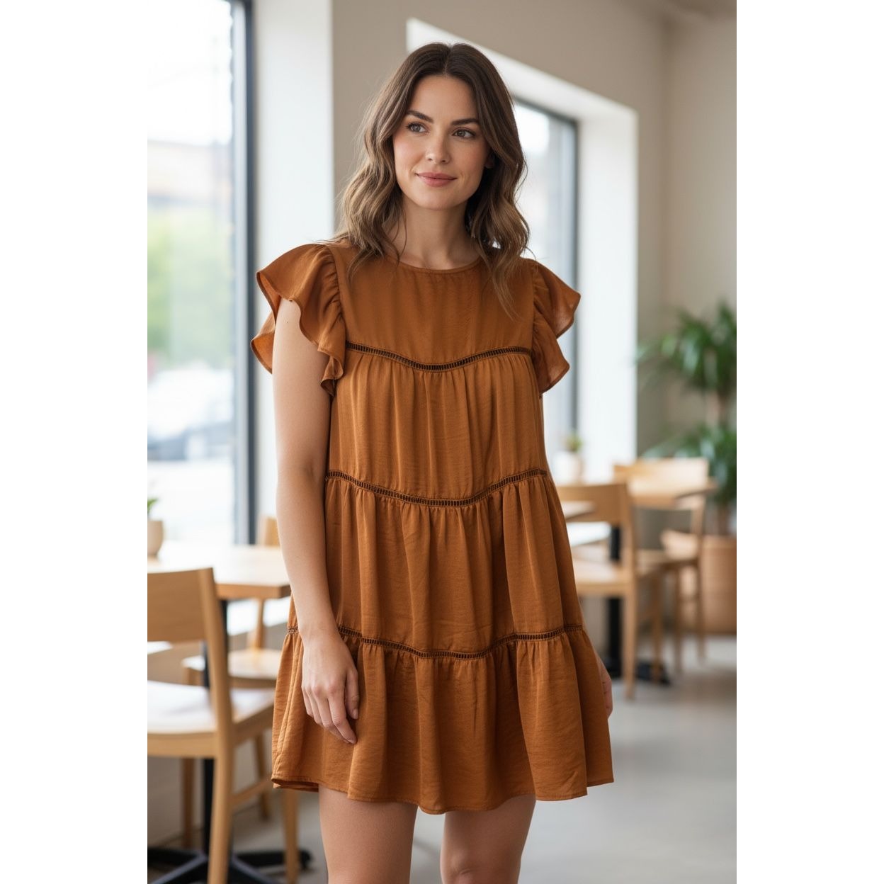 Lumière Women's Tiered Ruffle Mini Dress In Rust Orange Size Small Polyester/Rayon Blend