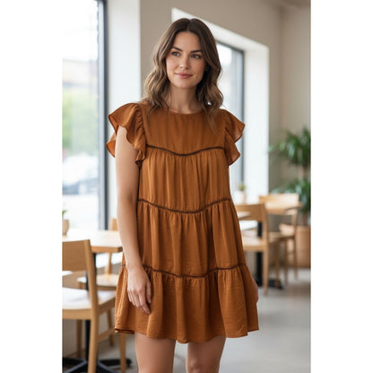 Lumière Women's Tiered Ruffle Mini Dress In Rust Orange Size Small Polyester/Rayon Blend