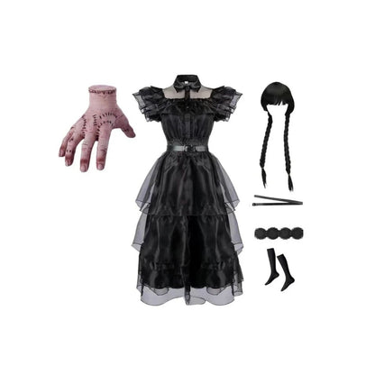 WEDNESDAY ADDAMS Dress Halloween Costumes, Black Dress with Thing Hand and Wig, 12-14 years old Girls