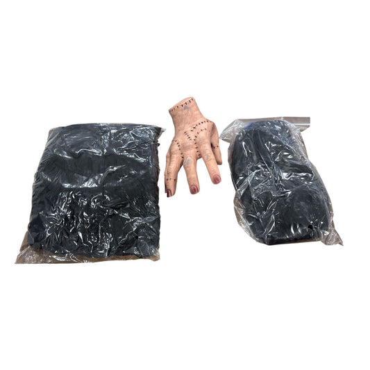 WEDNESDAY ADDAMS Dress Halloween Costumes, Black Dress with Thing Hand and Wig, 12-14 years old Girls