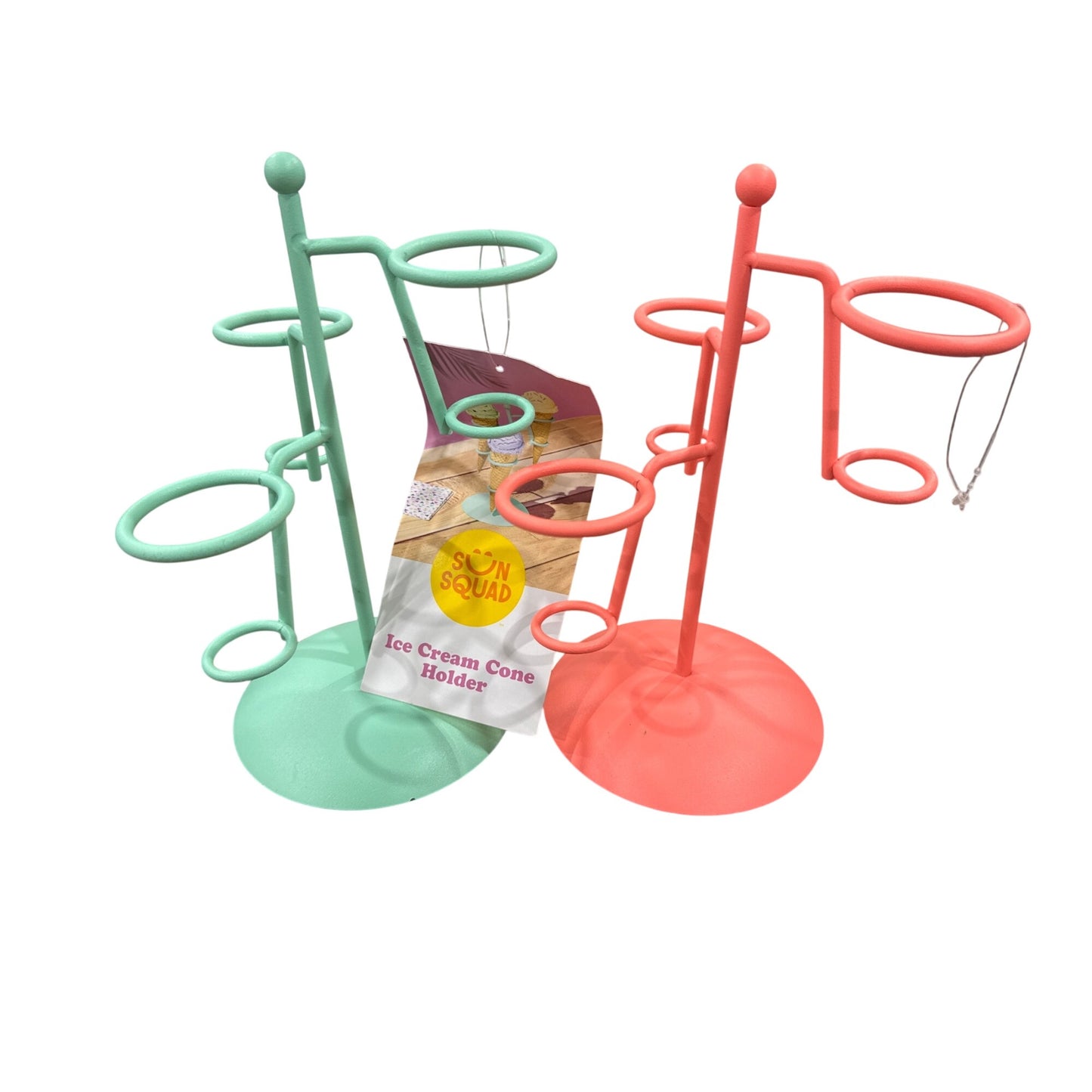 Sun Squad Ice Cream Cone Holder Stand Mint & Coral Metal Set Of 2