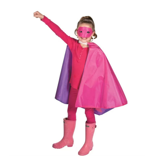 Kids Superhero Cape & Mask Set - Reversible Pink & Purple With Star & "Super" Graphic