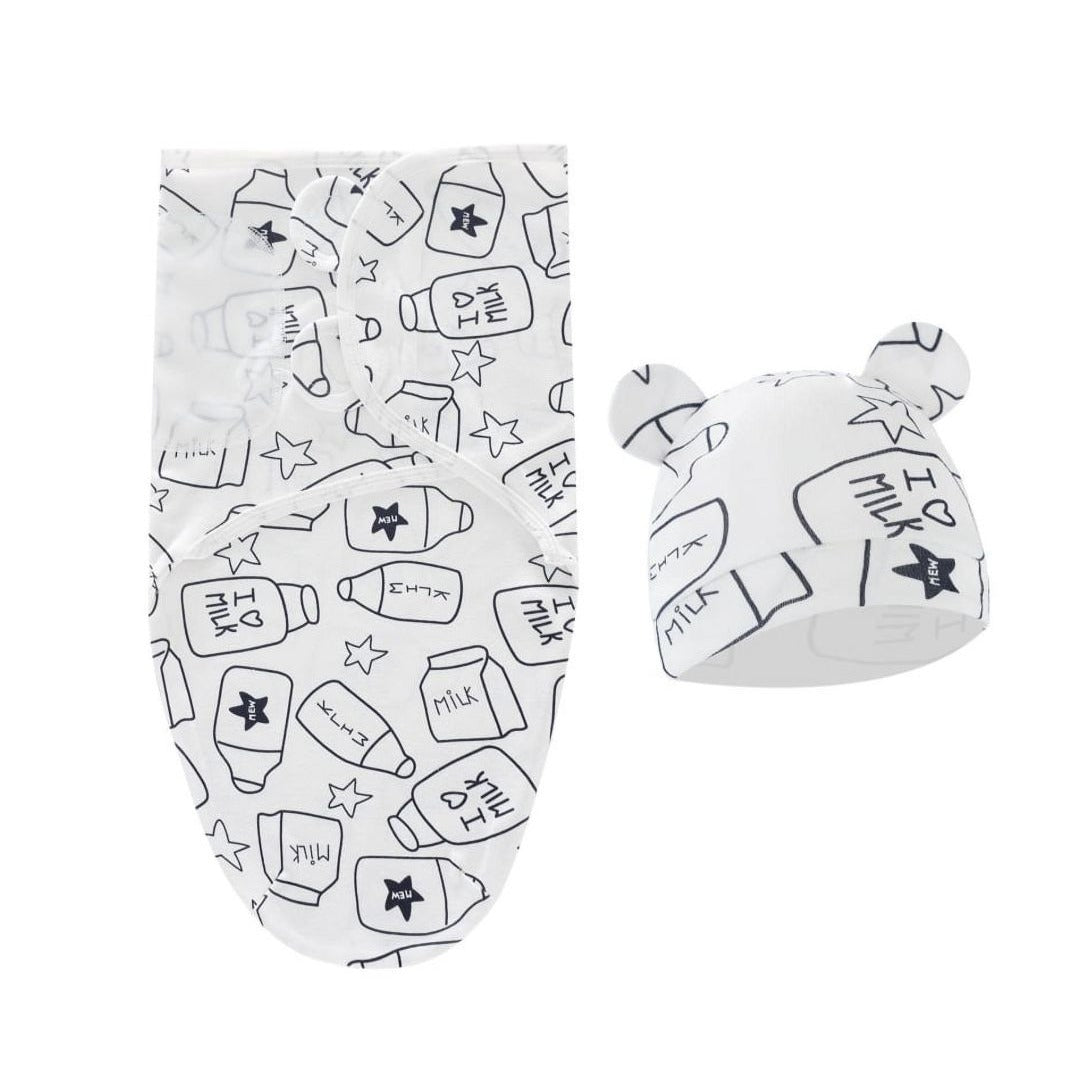 Baby Swaddle & Hat Set With Milk Bottle Print Soft Cotton Newborn Size White & Black Design