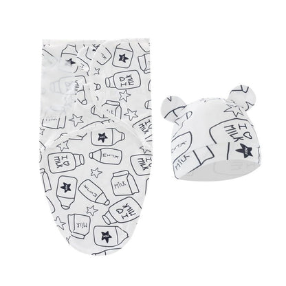 Baby Swaddle & Hat Set With Milk Bottle Print Soft Cotton Newborn Size White & Black Design