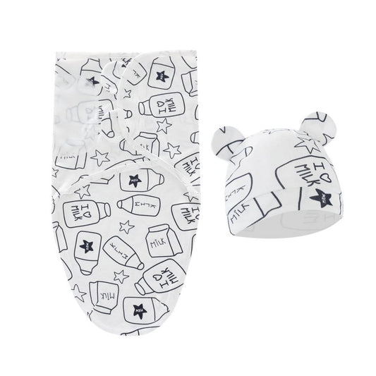 Baby Swaddle & Hat Set With Milk Bottle Print Soft Cotton Newborn Size White & Black Design