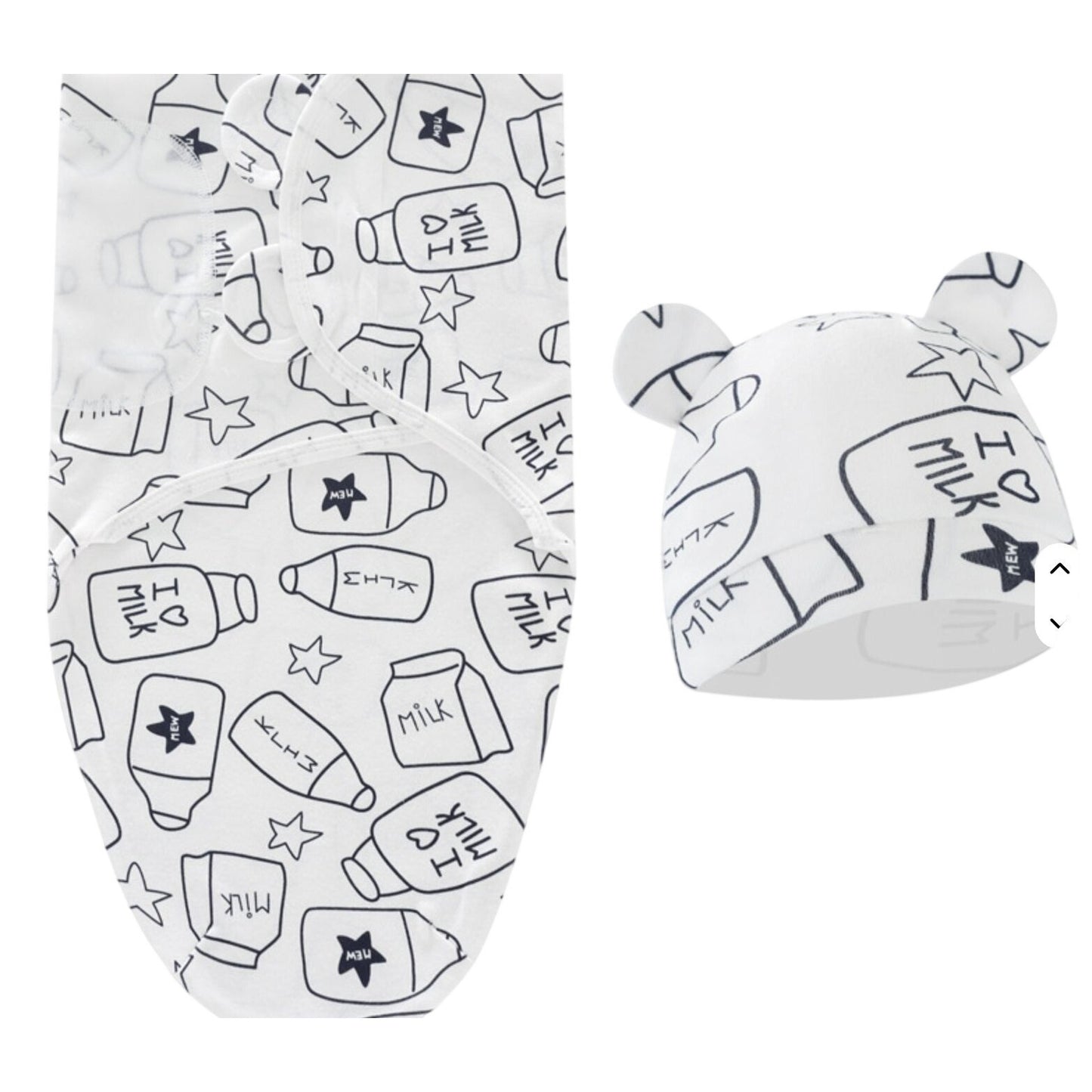 Baby Swaddle & Hat Set With Milk Bottle Print Soft Cotton Newborn Size White & Black Design
