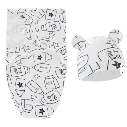 Baby Swaddle & Hat Set With Milk Bottle Print Soft Cotton Newborn Size White & Black Design