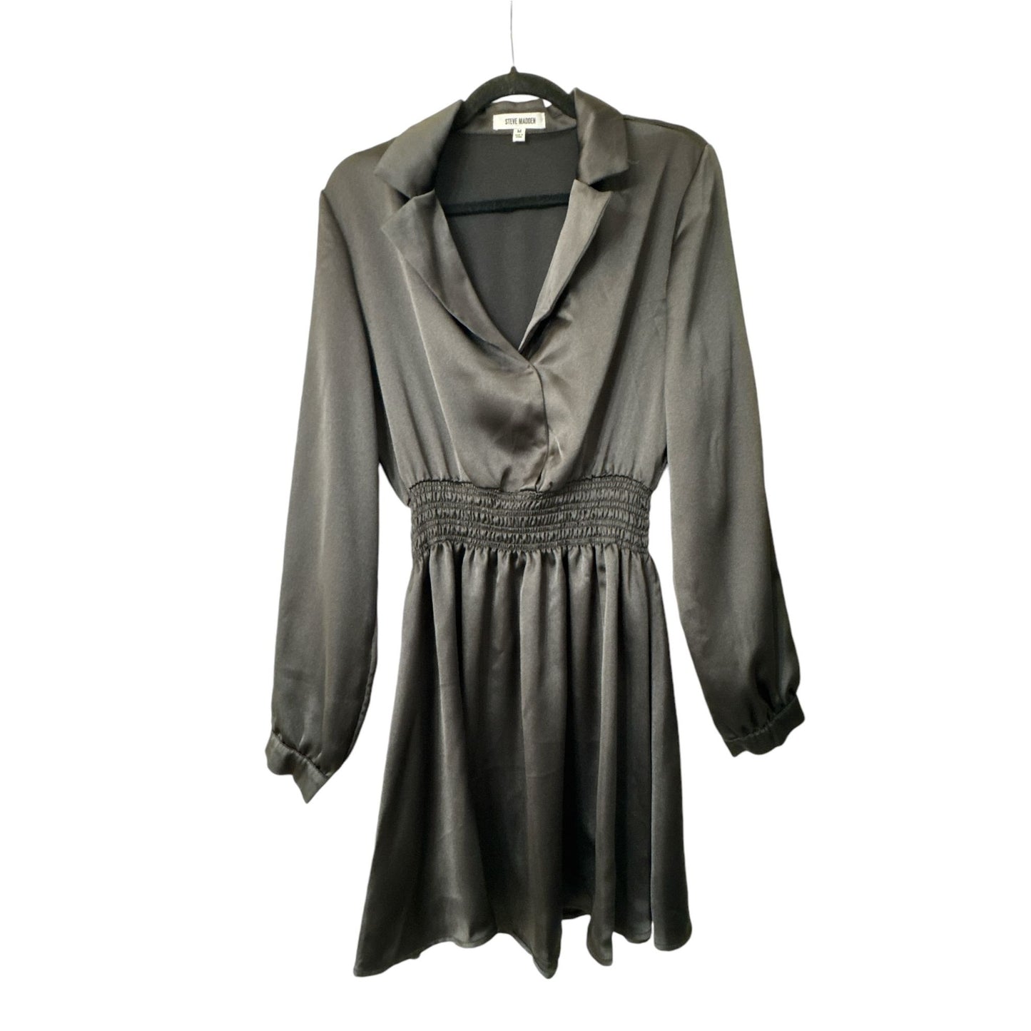 Steve Madden Women's Satin Long-Sleeve Mini Dress With Smocked Waistband Black Size Medium