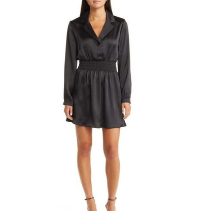 Steve Madden Women's Satin Long-Sleeve Mini Dress With Smocked Waistband Black Size Medium