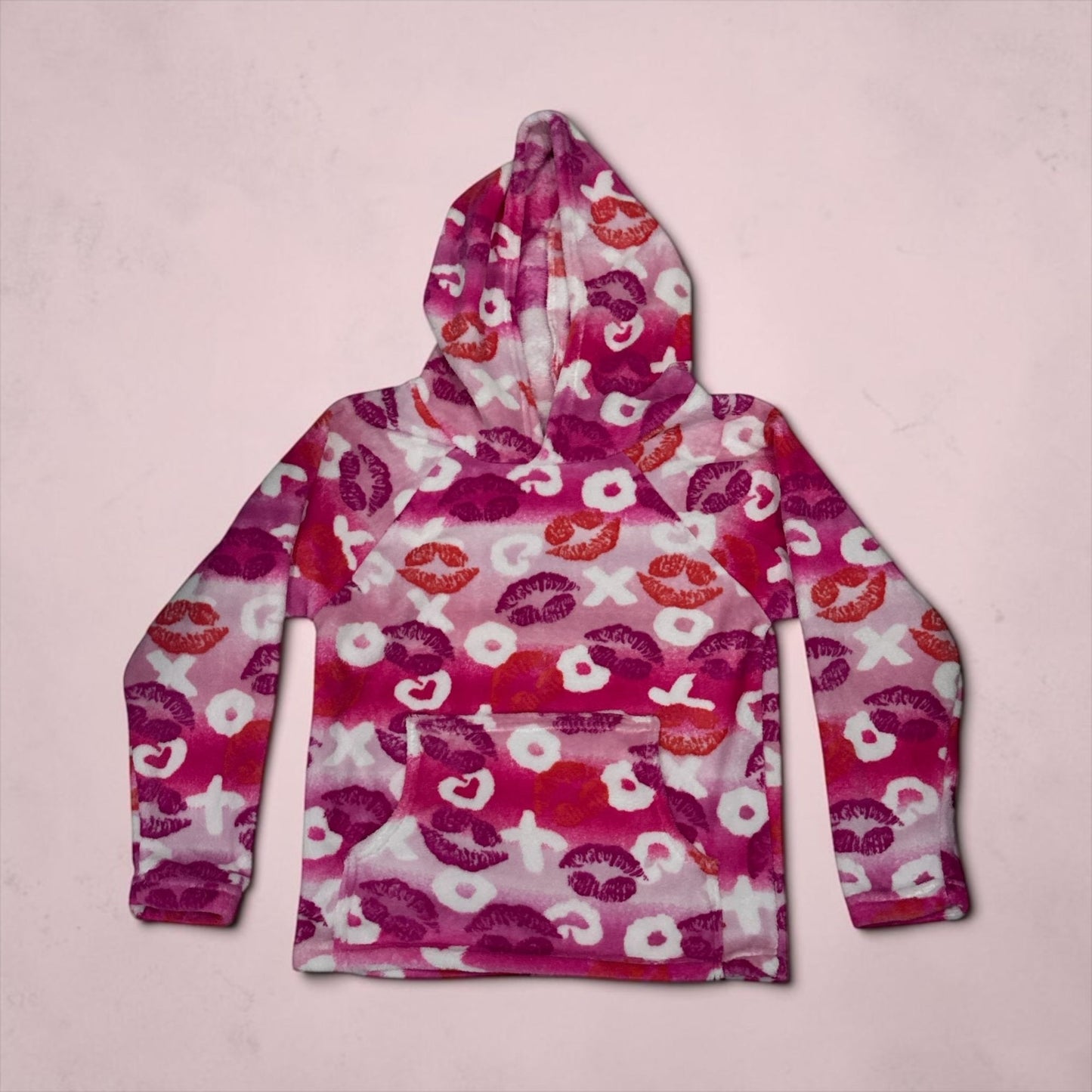 Made With Love And Kisses Girls Fleece Hoodie 8-10 Pink & Orange Lips Pattern Cozy Pullover USA-Made