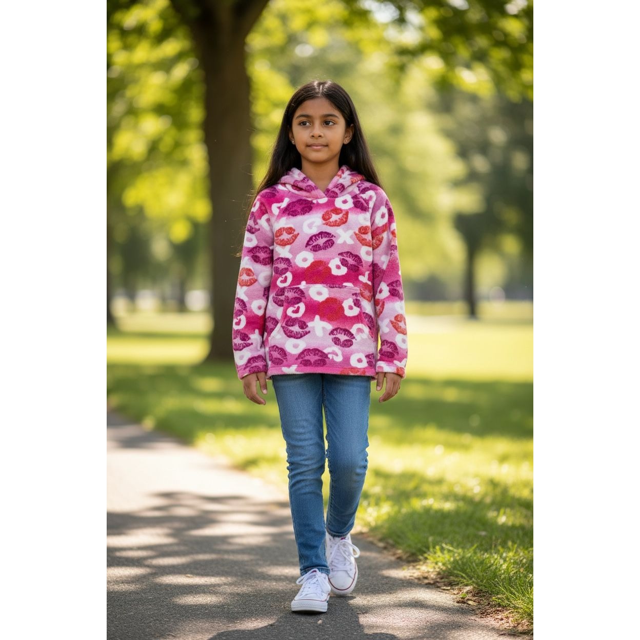 Made With Love And Kisses Girls Fleece Hoodie 8-10 Pink & Orange Lips Pattern Cozy Pullover USA-Made