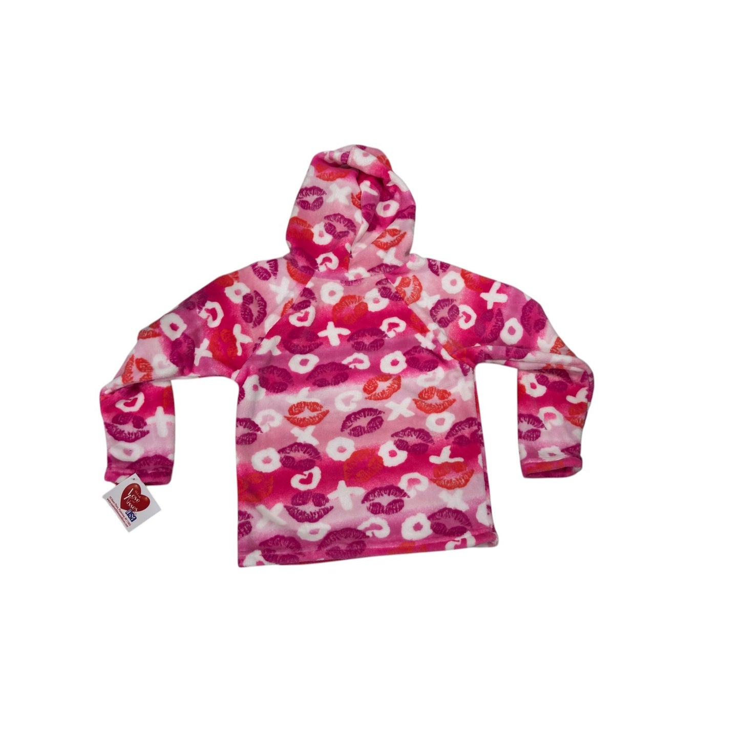 Made With Love And Kisses Girls Fleece Hoodie 8-10 Pink & Orange Lips Pattern Cozy Pullover USA-Made