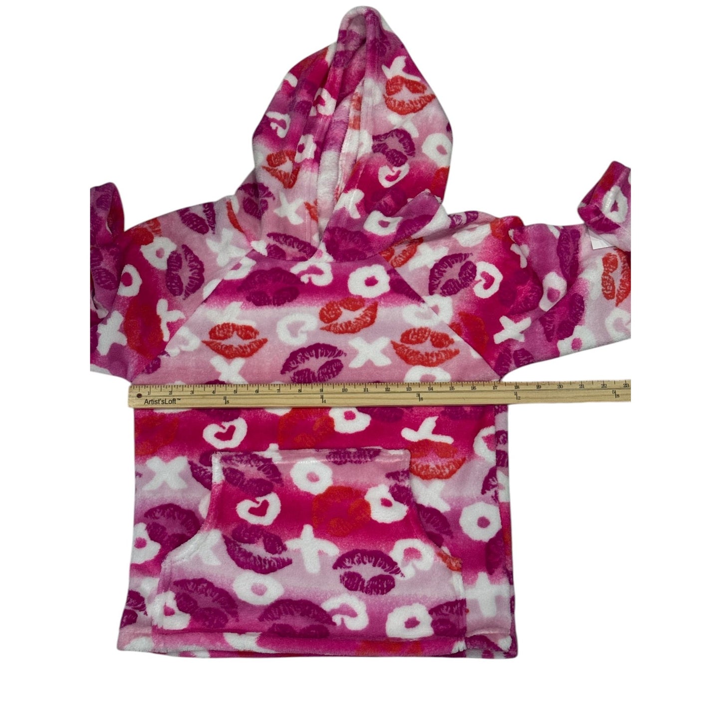 Made With Love And Kisses Girls Fleece Hoodie 8-10 Pink & Orange Lips Pattern Cozy Pullover USA-Made