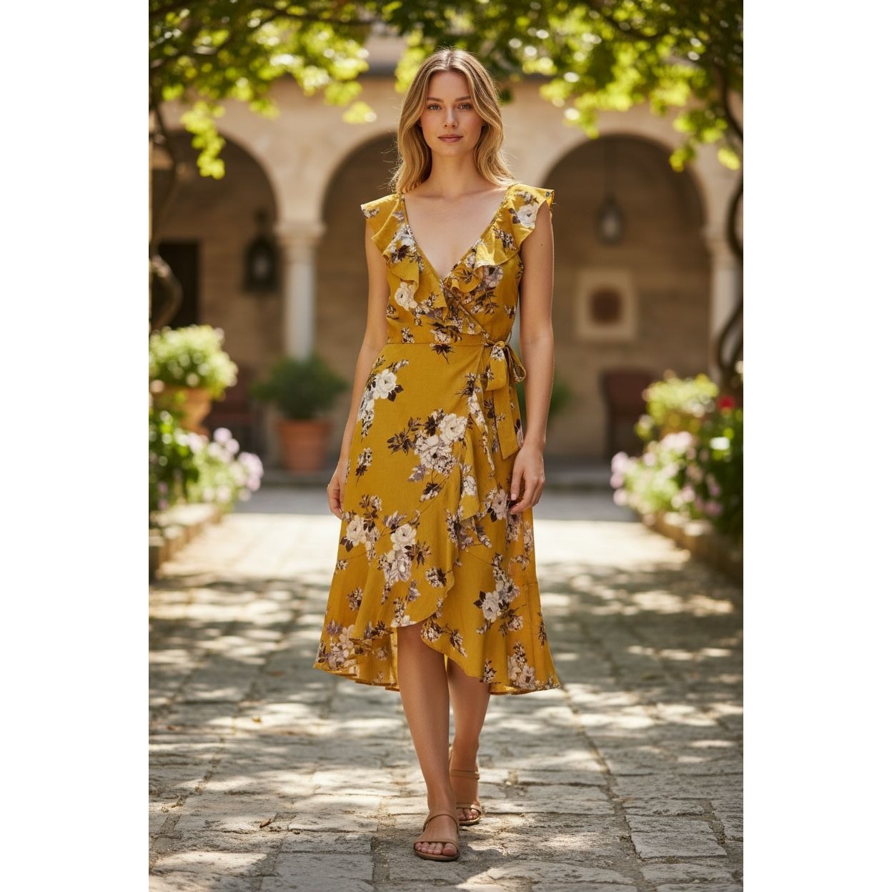 Floral Mustard Yellow Ruffle Wrap Dress XS By Socialite