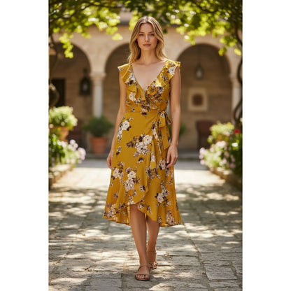Floral Mustard Yellow Ruffle Wrap Dress XS By Socialite