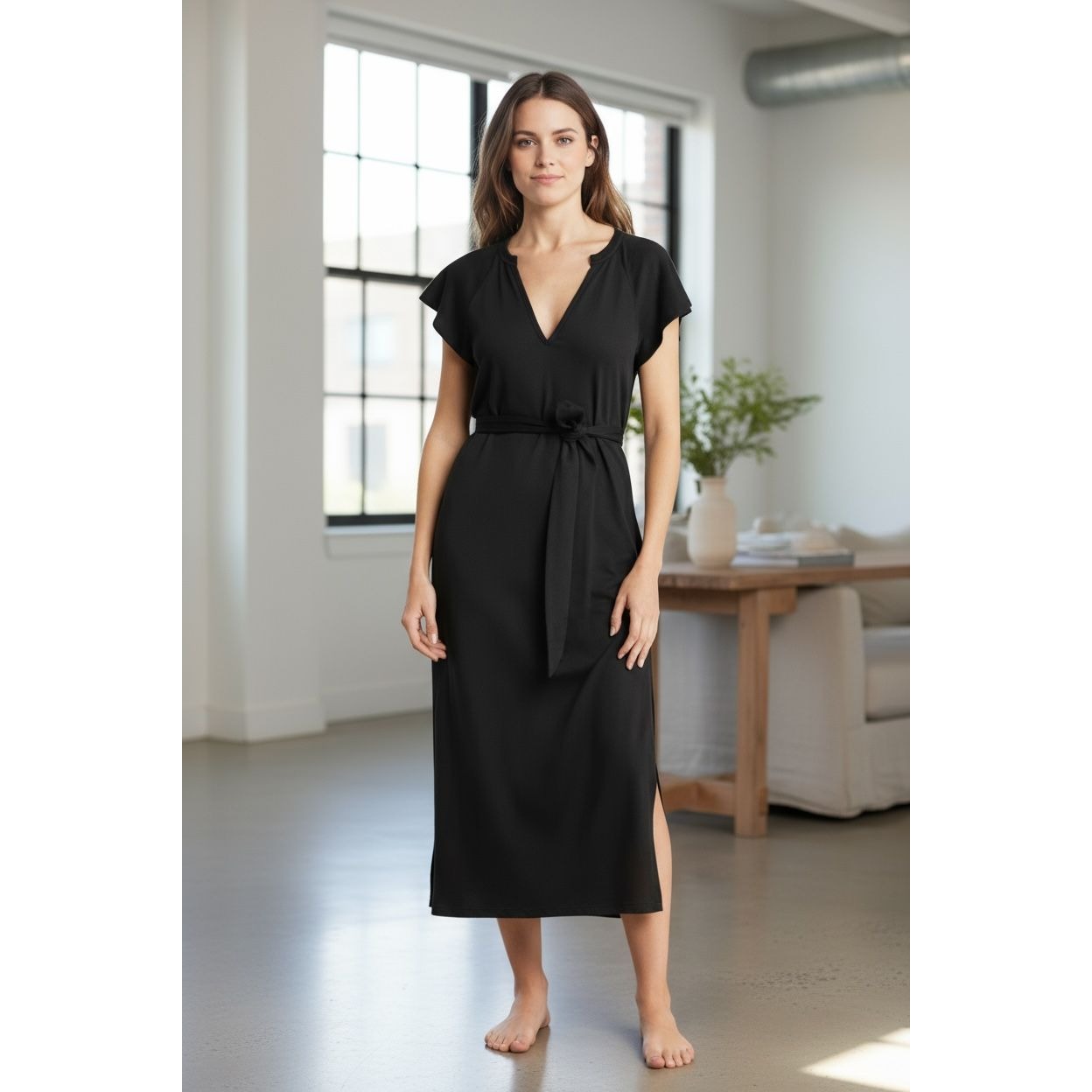 Paige Black V-Neck Midi Dress With Flutter Sleeves & Tie Waist For Women SMALL
