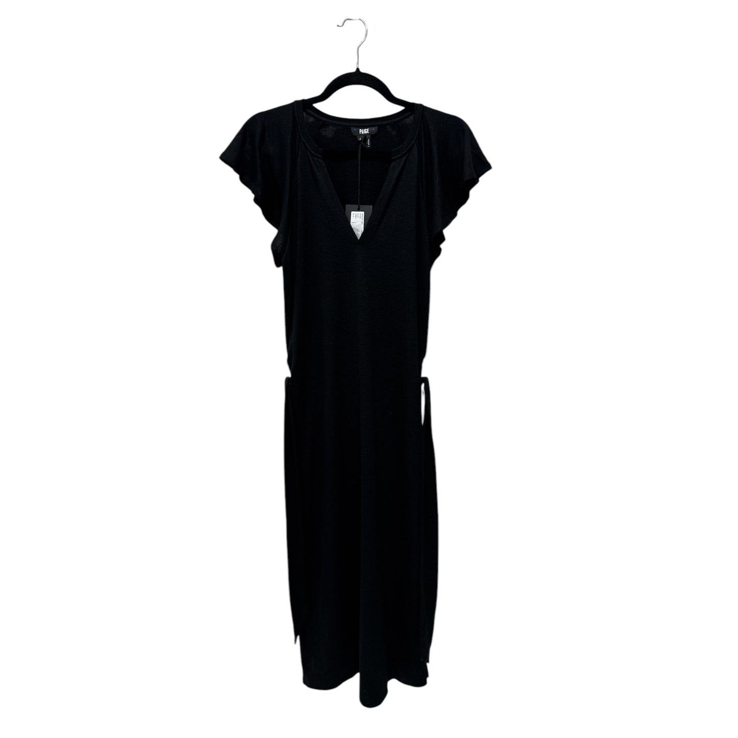Paige Black V-Neck Midi Dress With Flutter Sleeves & Tie Waist For Women SMALL