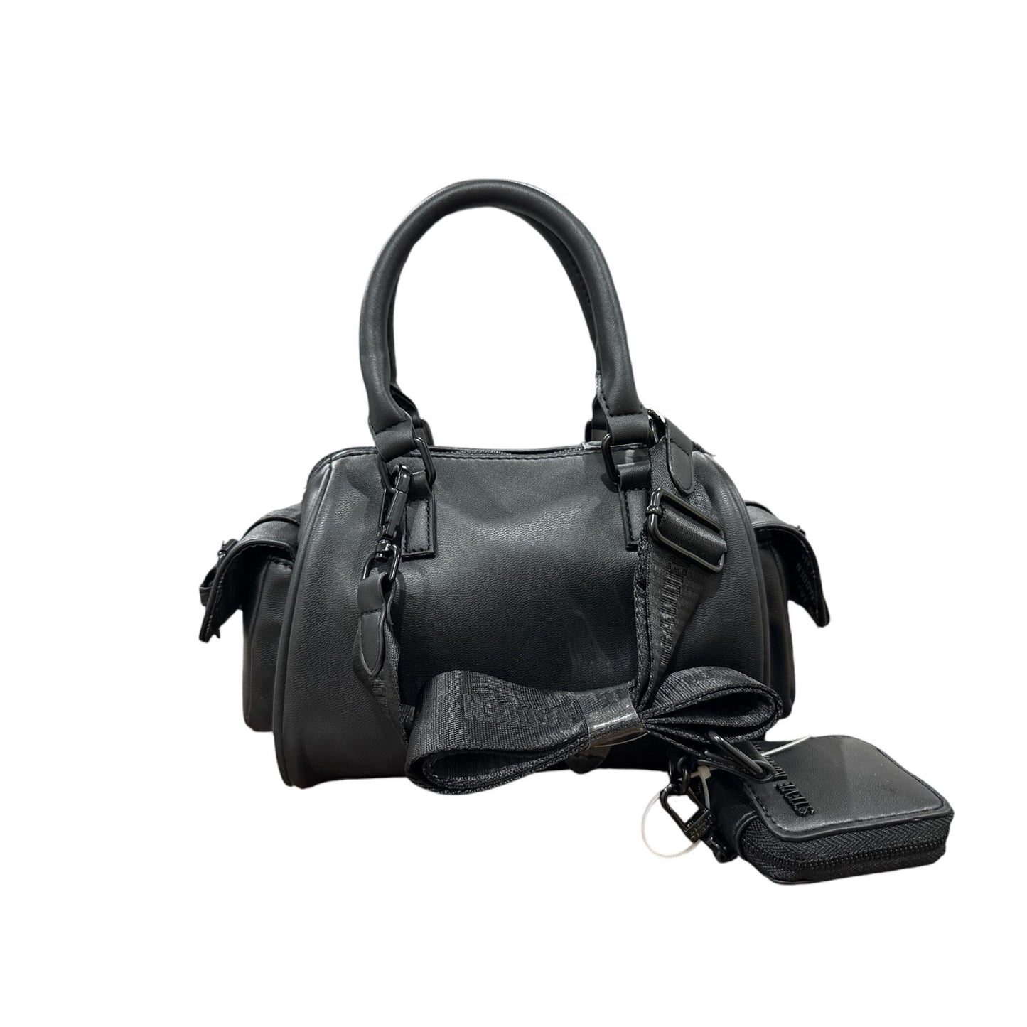Steve Madden Black Faux Leather Mini Duffle Handbag With Detachable Strap