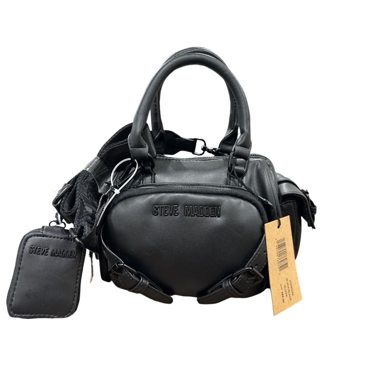 Steve Madden Black Faux Leather Mini Duffle Handbag With Detachable Strap
