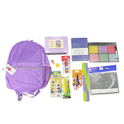 11 pcs. Purple Backpack With Stationery Bundle - Includes Bento Box, Notebook, Scissors, Ruler, Watercolors, Pencil Pouch, Eraser & More