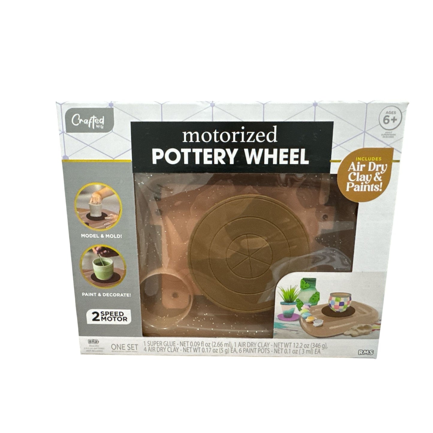 Motorized Pottery Wheel Kit With Air Dry Clay & Paints For Ages 6+ - 2 Speed Motor - Crafting Set By RMS