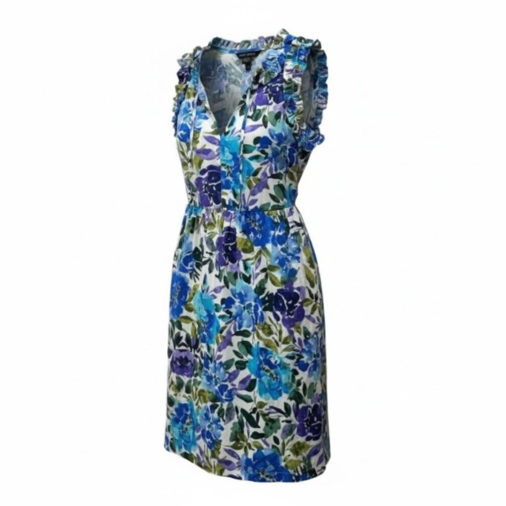 Floral Sleeveless Ruffle Dress By Maggy London Blue & Green US 6 Cotton Blend Made In Vietnam