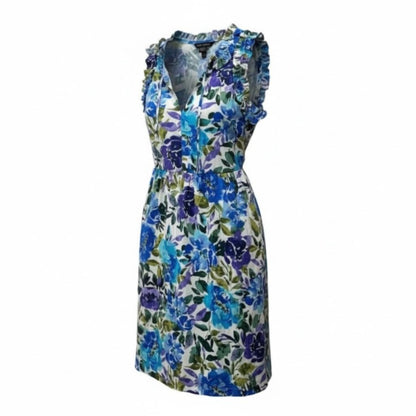 Floral Sleeveless Ruffle Dress By Maggy London Blue & Green US 6 Cotton Blend Made In Vietnam